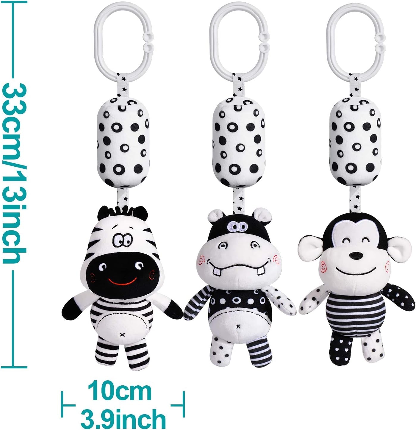 Baby Toy Cartoon Animal Stuffed Hanging Rattle Toys, Baby Bed Crib Car Seat Travel Stroller Soft Plush Toys with Wind Chimes, Best Birthday Gift for Newborn 0-18 Month (Monkey, Zebra & Hippo)
