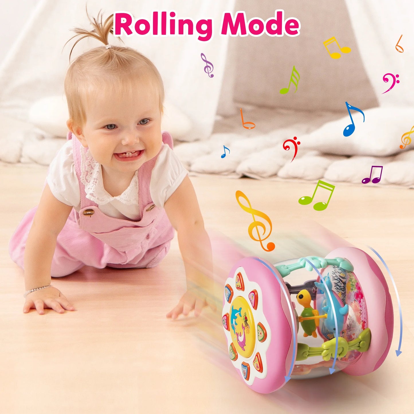 Baby Girl Toys 6-12 Months- Pink Musical Light up Ocean Rotating Tummy Time Infant Learning Crawling Pink Toys Babies Boys 1 2 3 Year Old for Birthday Baby Gifts