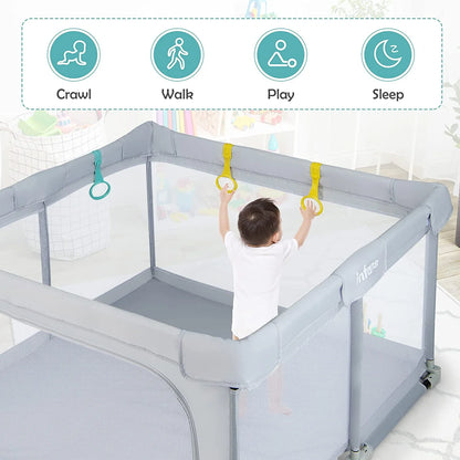 Baby Playpen Foldable, 50X50 Large Baby Playard for Toddlers with Gate, Soft Visible Mesh, Indoor Outdoor Kids Activity Center Baby Fence with 4 Handlers 50 Ocean Balls (Gray)