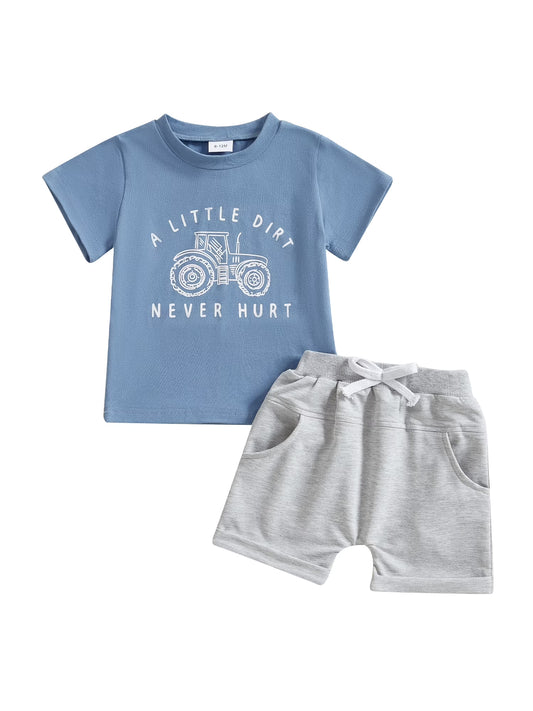 Toddler Baby Boy Summer Clothes Set 6 12 18 24 Months 2T 3T 4T Tractor Letter Print Short Sleeve T-Shirt Elastic Waist Solid Shorts Outfit Sets