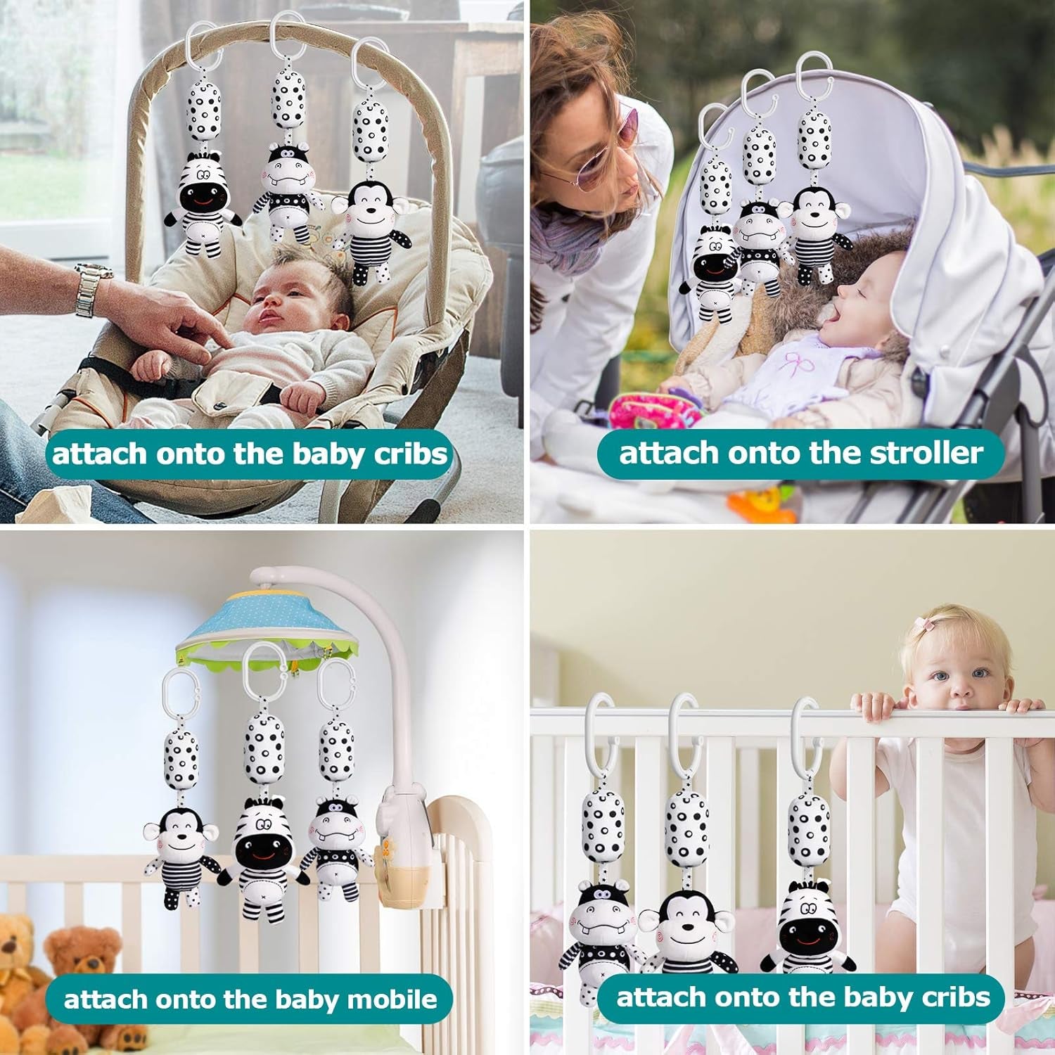Baby Toy Cartoon Animal Stuffed Hanging Rattle Toys, Baby Bed Crib Car Seat Travel Stroller Soft Plush Toys with Wind Chimes, Best Birthday Gift for Newborn 0-18 Month (Monkey, Zebra & Hippo)