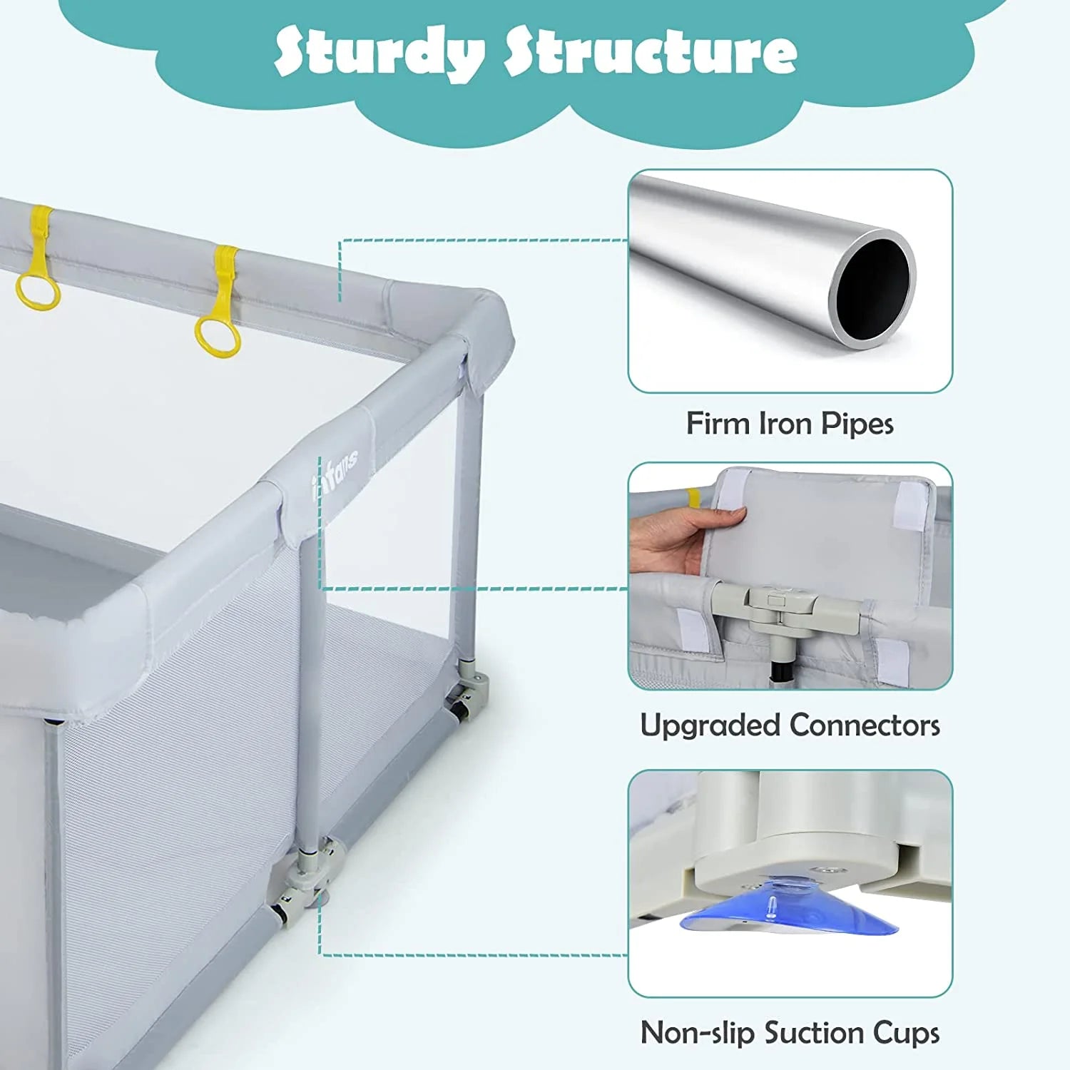 Baby Playpen Foldable, 50X50 Large Baby Playard for Toddlers with Gate, Soft Visible Mesh, Indoor Outdoor Kids Activity Center Baby Fence with 4 Handlers 50 Ocean Balls (Gray)