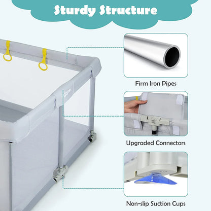 Baby Playpen Foldable, 50X50 Large Baby Playard for Toddlers with Gate, Soft Visible Mesh, Indoor Outdoor Kids Activity Center Baby Fence with 4 Handlers 50 Ocean Balls (Gray)