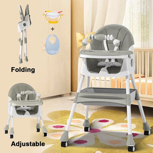 4-In-1 Baby High Chair Portable Baby Dining Chairs Eat & Play Convertible High Chair with Five-Point Snap Button, Double-Layer Dinner Plate and Toy Rack, Gray