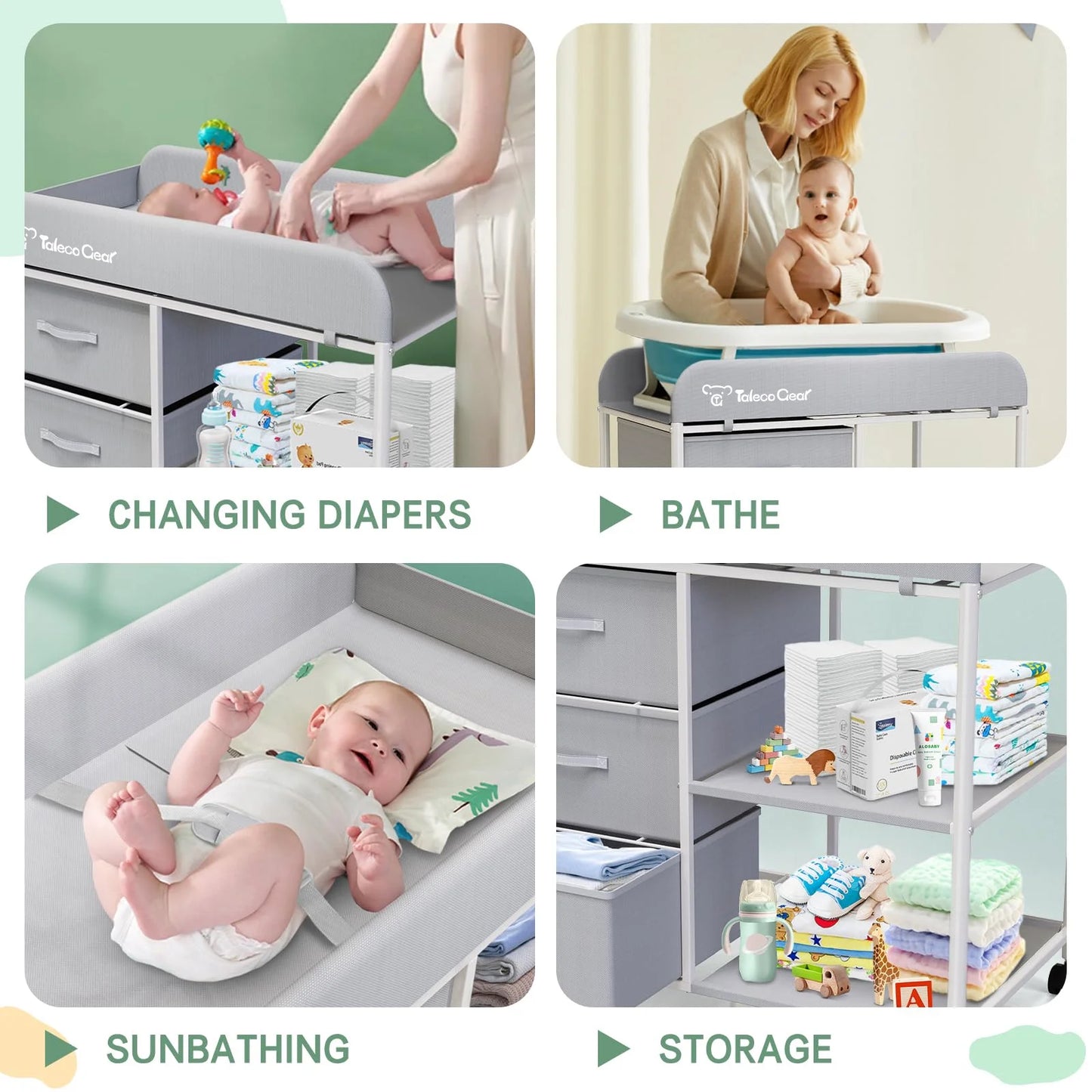 Baby Changing Table, Portable Diaper Changing Station with Wheels, Nursery Organizer for Newborn and Infant, Light Gray