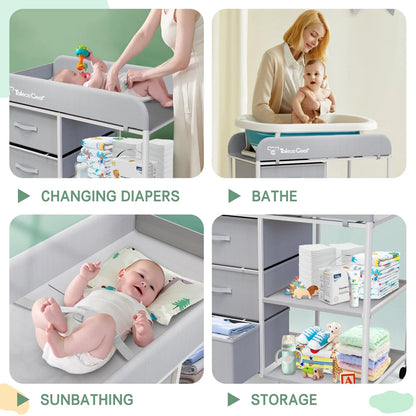 Baby Changing Table, Portable Diaper Changing Station with Wheels, Nursery Organizer for Newborn and Infant, Light Gray