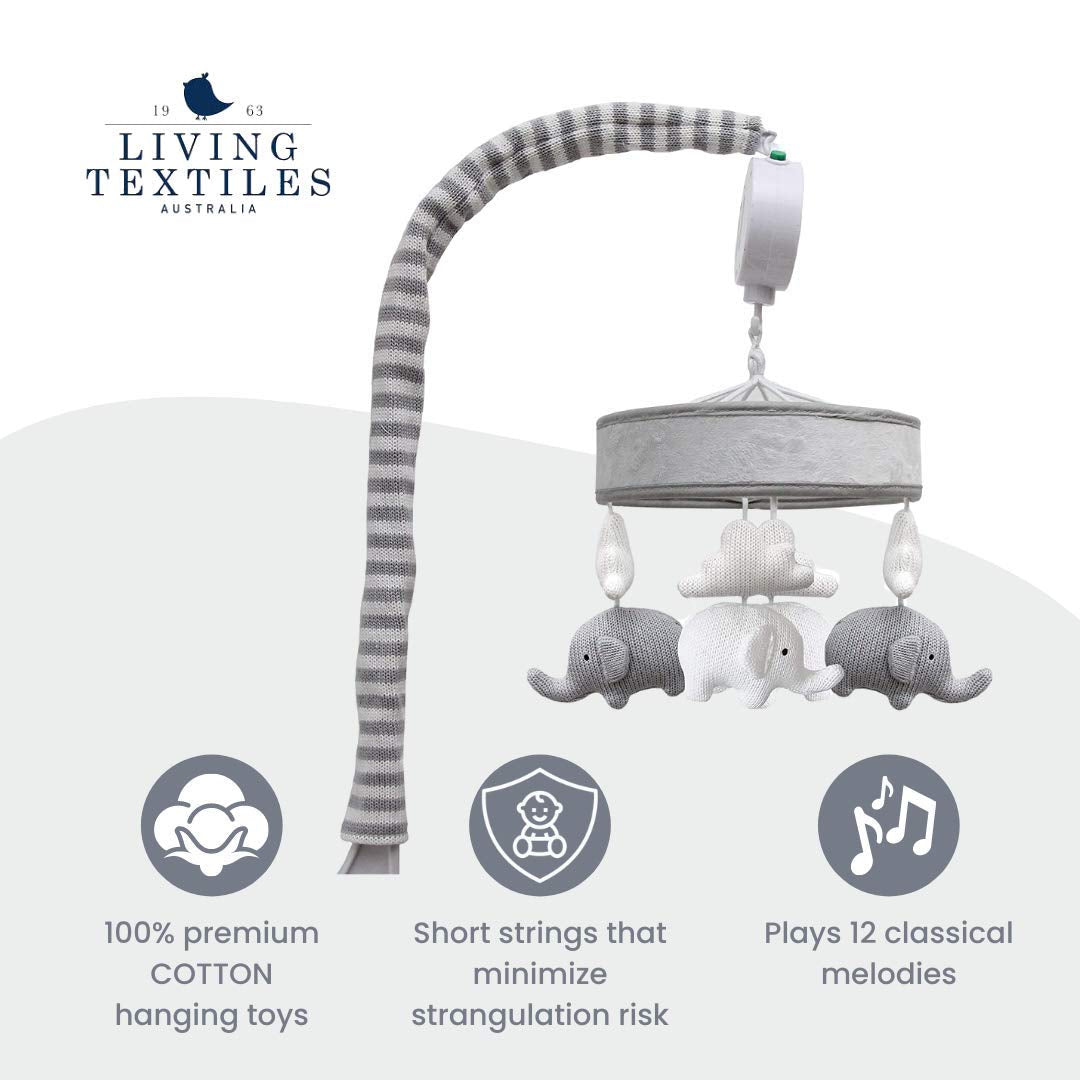 Baby Musical Mobile - Grey Elephants | Crib Toy, Knitted Hanging Toys, Nursery Decor, Calming Soother with 12 Lullabies | Baby Essential and Perfect Baby Toy for Boys and Girls