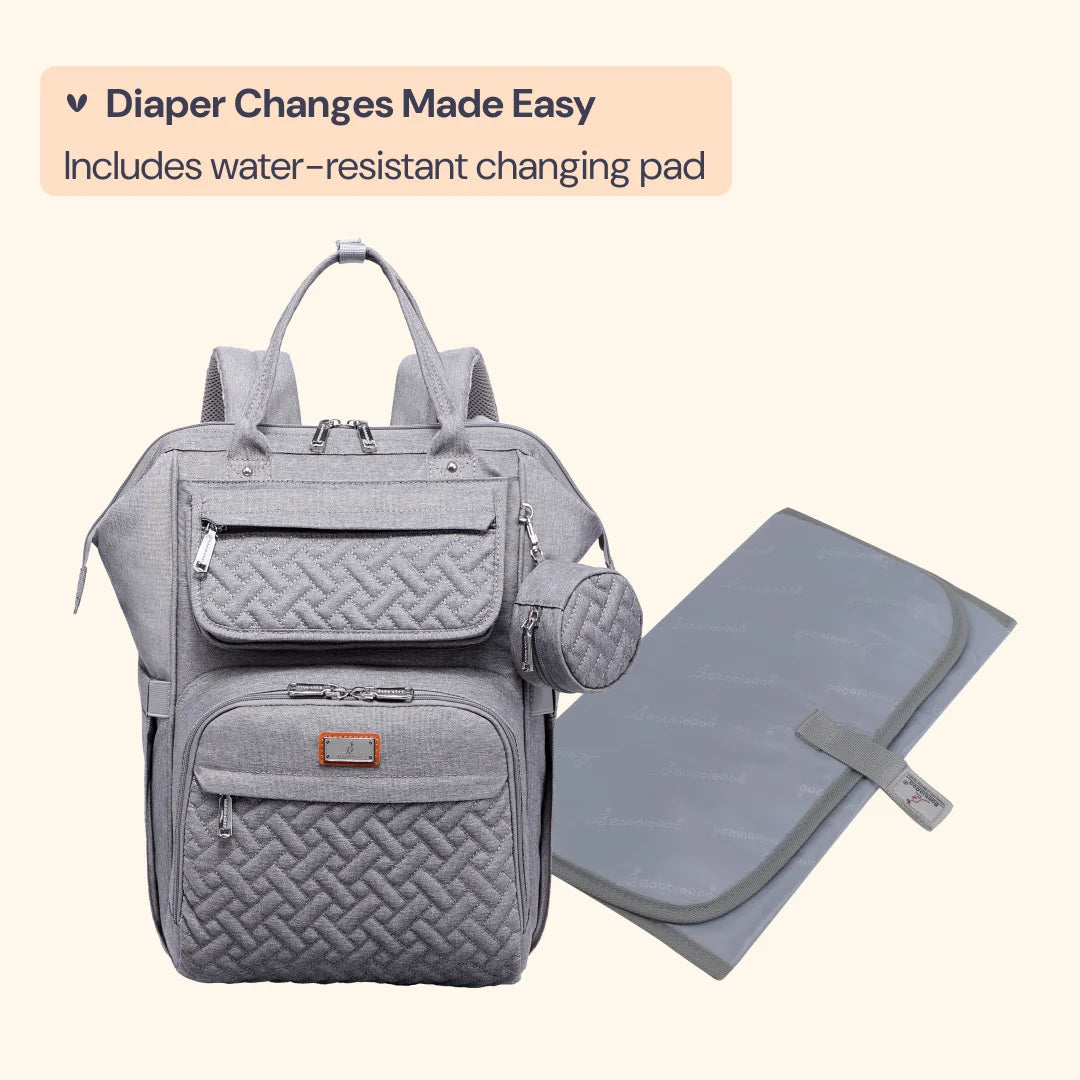 Baby Diaper Bag Backpack – Large Capacity Waterproof Nappy Organizer with Insulated Pockets, Polyester, Light Gray