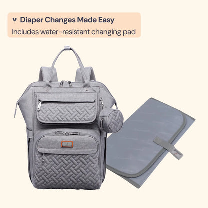 Baby Diaper Bag Backpack – Large Capacity Waterproof Nappy Organizer with Insulated Pockets, Polyester, Light Gray