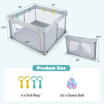 Baby Playpen Foldable, 50X50 Large Baby Playard for Toddlers with Gate, Soft Visible Mesh, Indoor Outdoor Kids Activity Center Baby Fence with 4 Handlers 50 Ocean Balls (Gray)