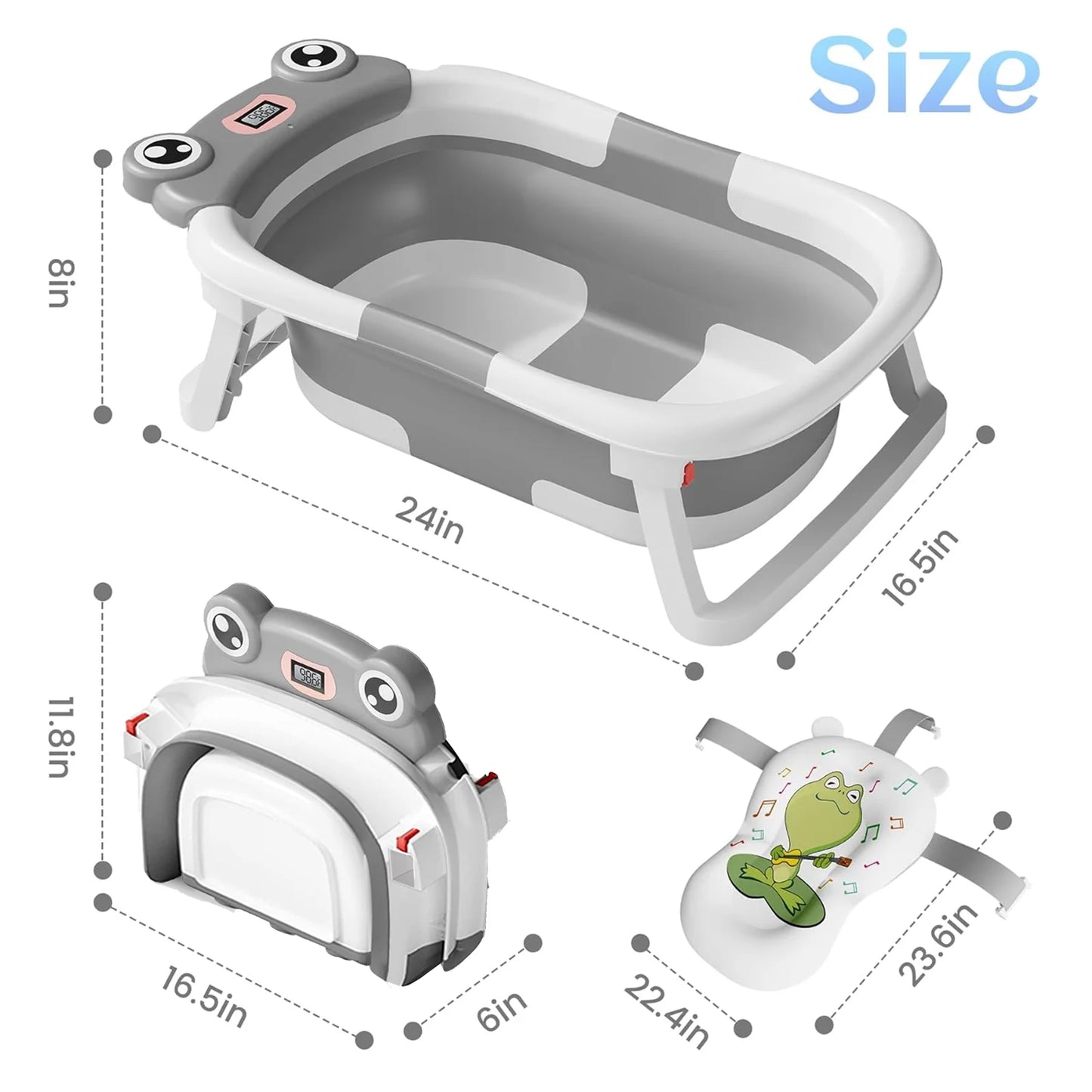 Collapsible Baby Bathtub, Plastic Frog Baby Bath Tub with Soft Cushion & Thermometer（Grey）
