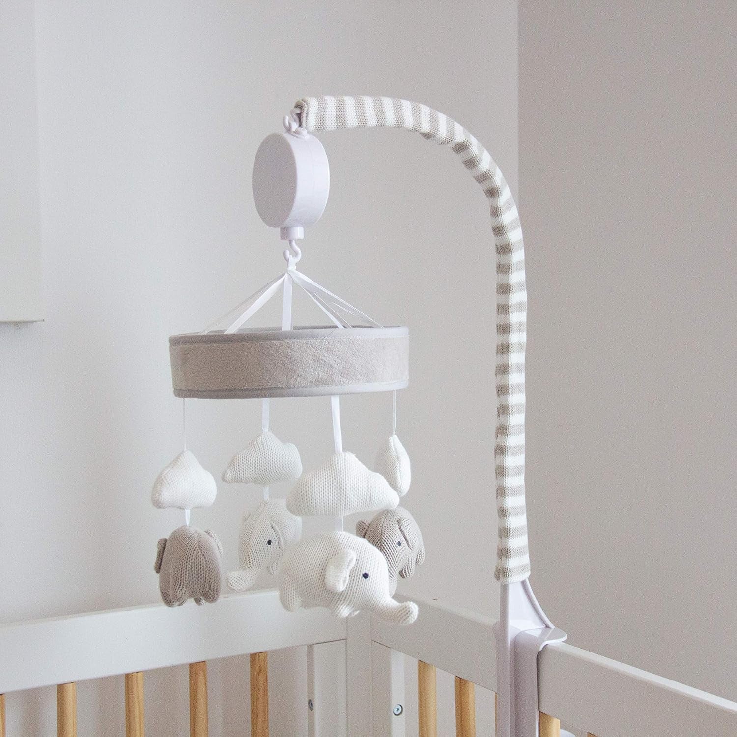 Baby Musical Mobile - Grey Elephants | Crib Toy, Knitted Hanging Toys, Nursery Decor, Calming Soother with 12 Lullabies | Baby Essential and Perfect Baby Toy for Boys and Girls