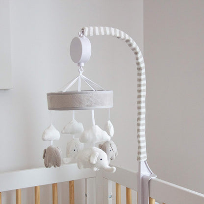 Baby Musical Mobile - Grey Elephants | Crib Toy, Knitted Hanging Toys, Nursery Decor, Calming Soother with 12 Lullabies | Baby Essential and Perfect Baby Toy for Boys and Girls