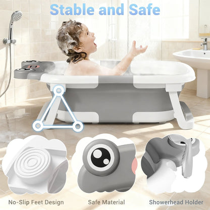 Collapsible Baby Bathtub, Plastic Frog Baby Bath Tub with Soft Cushion & Thermometer（Grey）
