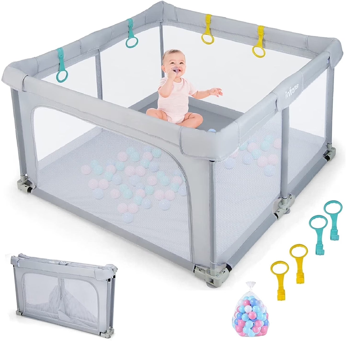 Baby Playpen Foldable, 50X50 Large Baby Playard for Toddlers with Gate, Soft Visible Mesh, Indoor Outdoor Kids Activity Center Baby Fence with 4 Handlers 50 Ocean Balls (Gray)