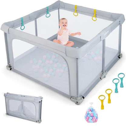 Baby Playpen Foldable, 50X50 Large Baby Playard for Toddlers with Gate, Soft Visible Mesh, Indoor Outdoor Kids Activity Center Baby Fence with 4 Handlers 50 Ocean Balls (Gray)