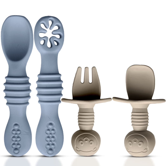 4Pc Silicone Baby Utensils Set, Self-Feeding Spoons & Fork for 6-12 Months, Toddler Essentials (Grey/Beige)