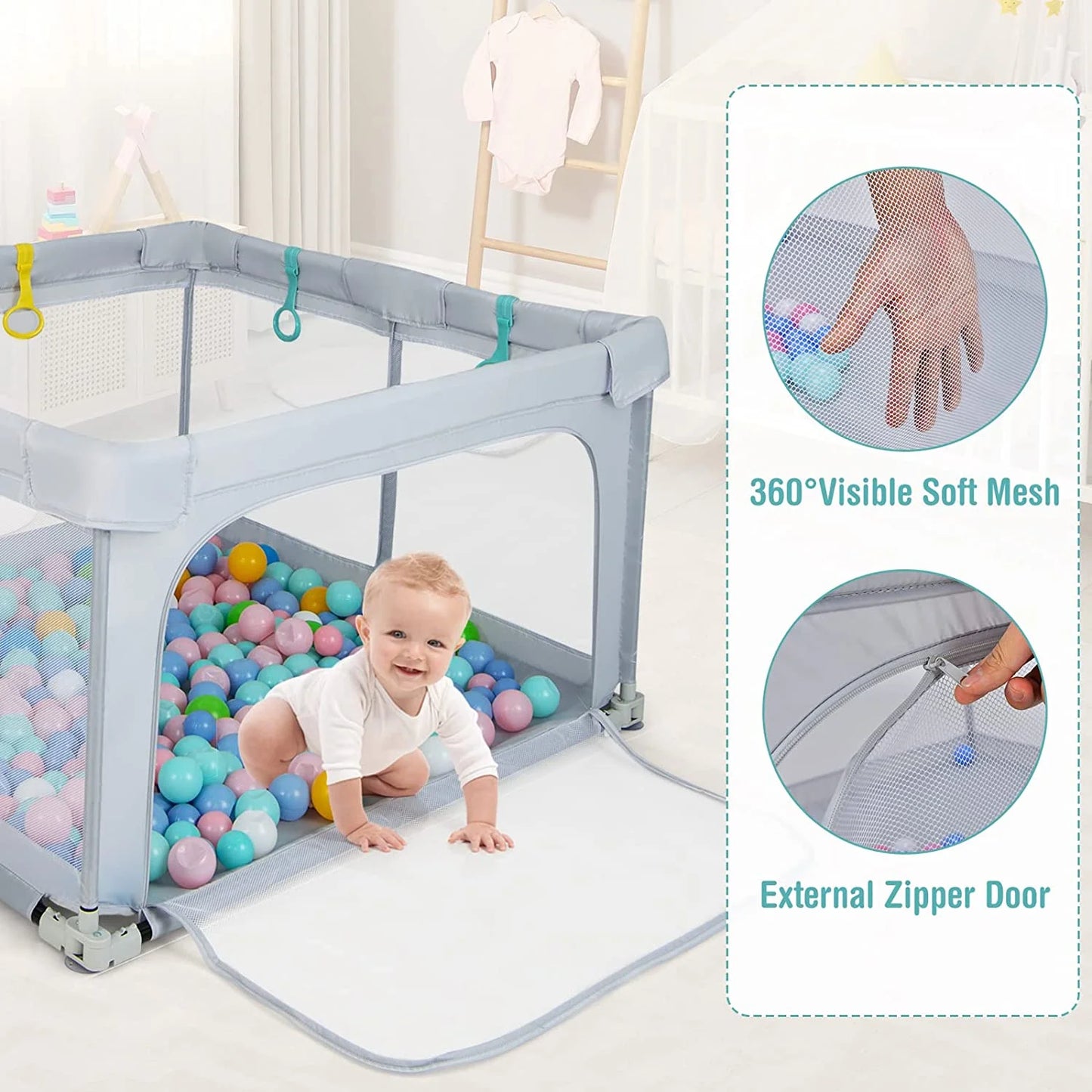Baby Playpen Foldable, 50X50 Large Baby Playard for Toddlers with Gate, Soft Visible Mesh, Indoor Outdoor Kids Activity Center Baby Fence with 4 Handlers 50 Ocean Balls (Gray)