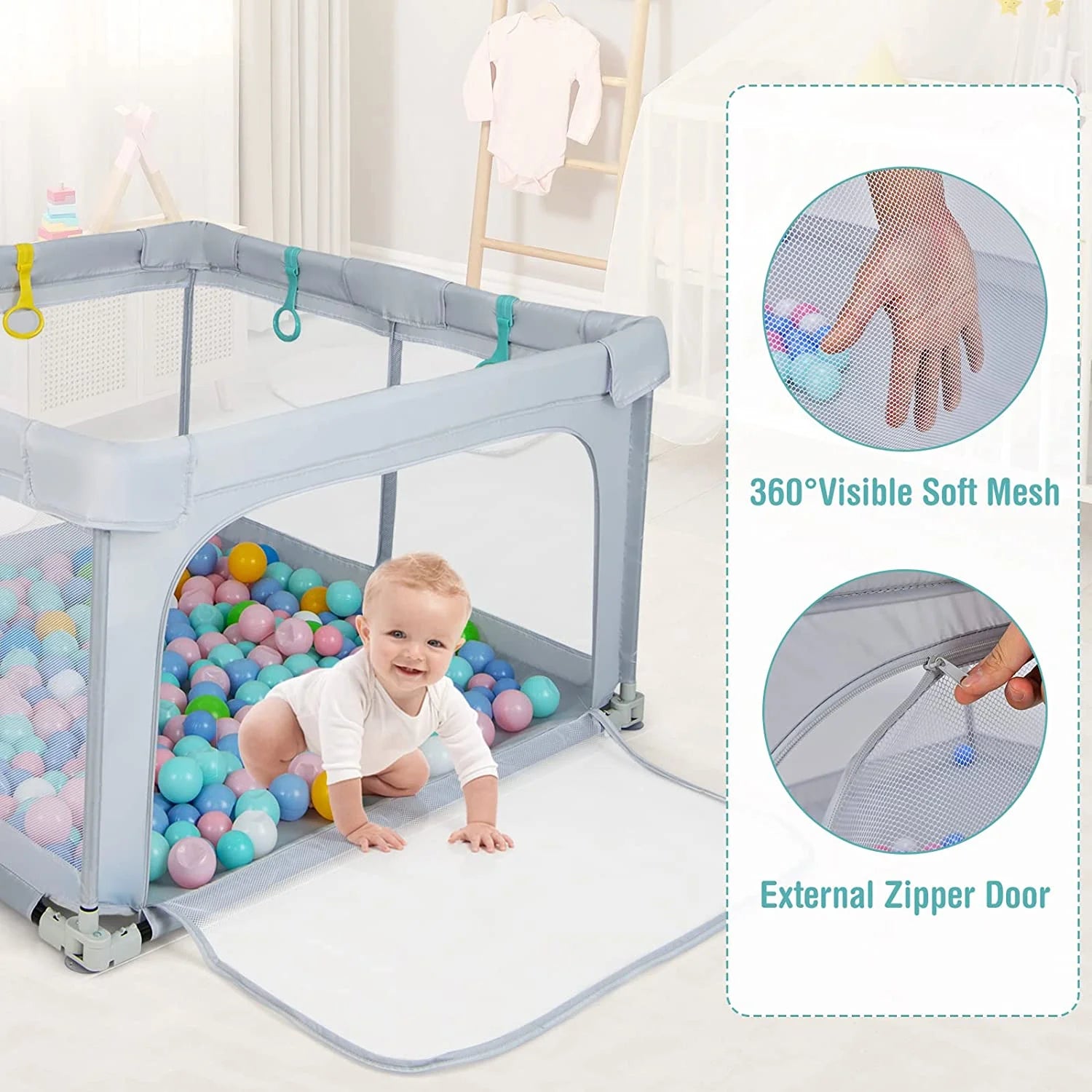 Baby Playpen Foldable, 50X50 Large Baby Playard for Toddlers with Gate, Soft Visible Mesh, Indoor Outdoor Kids Activity Center Baby Fence with 4 Handlers 50 Ocean Balls (Gray)