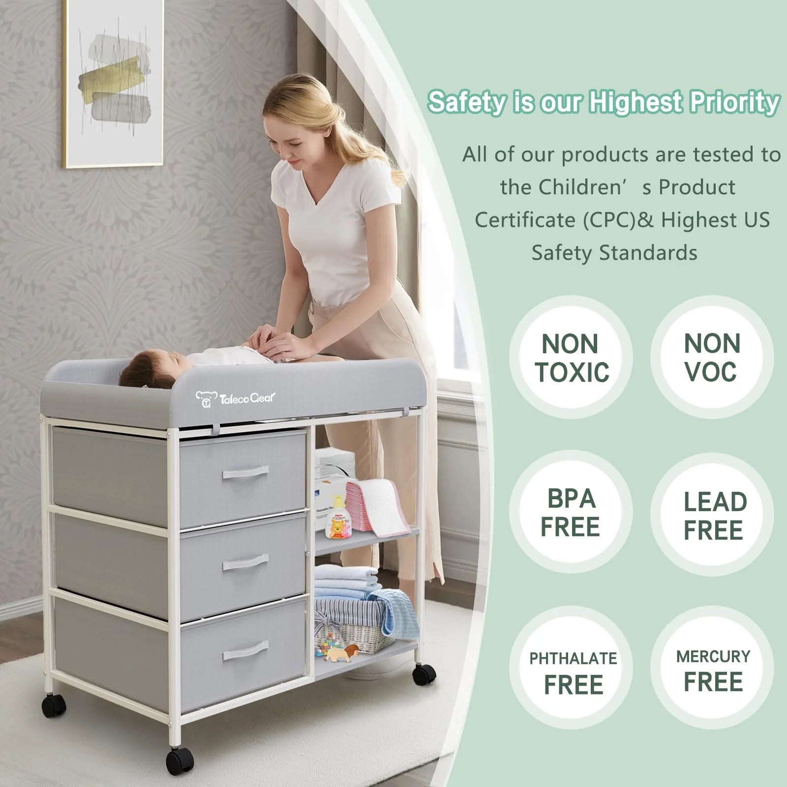 Baby Changing Table, Portable Diaper Changing Station with Wheels, Nursery Organizer for Newborn and Infant, Light Gray