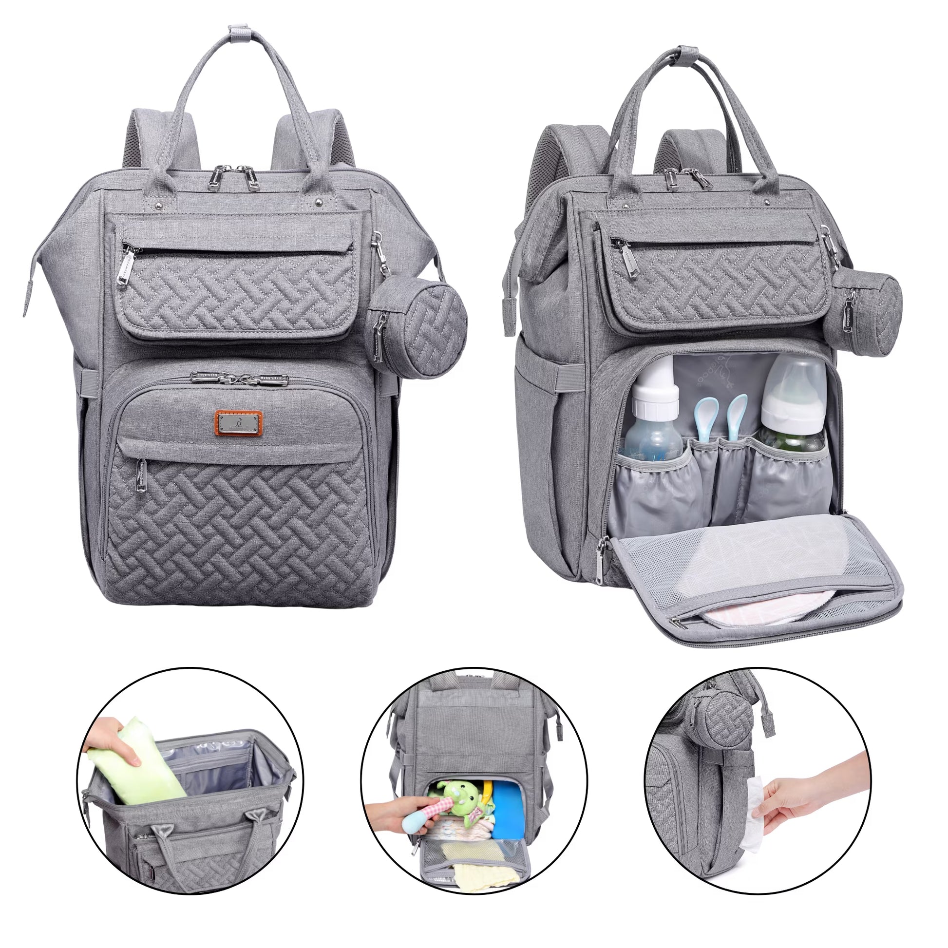 Baby Diaper Bag Backpack – Large Capacity Waterproof Nappy Organizer with Insulated Pockets, Polyester, Light Gray