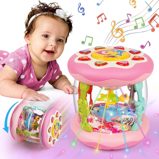 Baby Girl Toys 6-12 Months- Pink Musical Light up Ocean Rotating Tummy Time Infant Learning Crawling Pink Toys Babies Boys 1 2 3 Year Old for Birthday Baby Gifts
