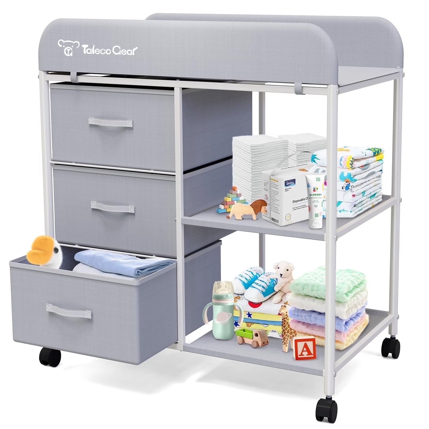 Baby Changing Table, Portable Diaper Changing Station with Wheels, Nursery Organizer for Newborn and Infant, Light Gray