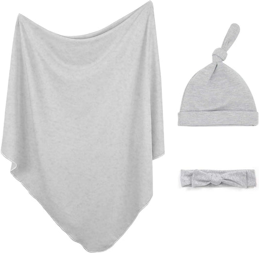 Baby Swaddle Blanket Newborn Hat Headband Set Jersey Cotton Soft Sleeping Wrap for Boy Girl Grey