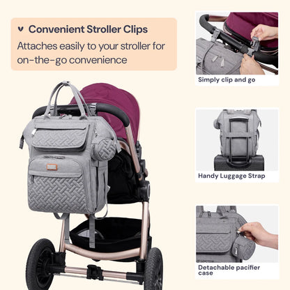 Baby Diaper Bag Backpack – Large Capacity Waterproof Nappy Organizer with Insulated Pockets, Polyester, Light Gray
