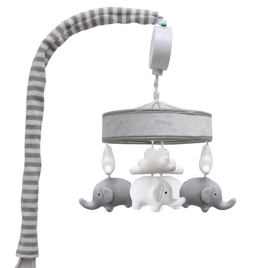 Baby Musical Mobile - Grey Elephants | Crib Toy, Knitted Hanging Toys, Nursery Decor, Calming Soother with 12 Lullabies | Baby Essential and Perfect Baby Toy for Boys and Girls