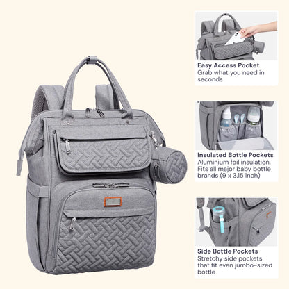 Baby Diaper Bag Backpack – Large Capacity Waterproof Nappy Organizer with Insulated Pockets, Polyester, Light Gray