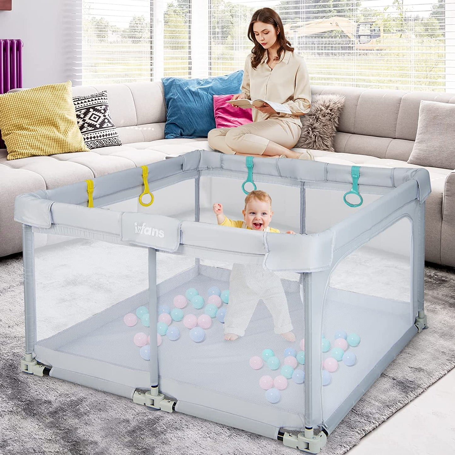 Baby Playpen Foldable, 50X50 Large Baby Playard for Toddlers with Gate, Soft Visible Mesh, Indoor Outdoor Kids Activity Center Baby Fence with 4 Handlers 50 Ocean Balls (Gray)