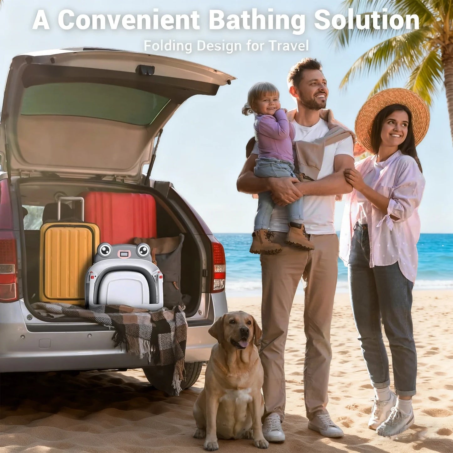 Collapsible Baby Bathtub, Plastic Frog Baby Bath Tub with Soft Cushion & Thermometer（Grey）