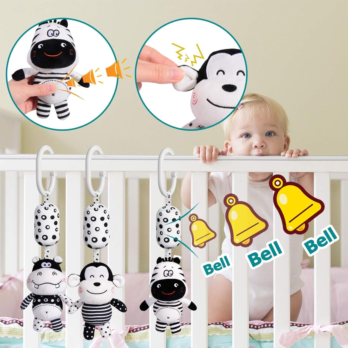 Baby Toy Cartoon Animal Stuffed Hanging Rattle Toys, Baby Bed Crib Car Seat Travel Stroller Soft Plush Toys with Wind Chimes, Best Birthday Gift for Newborn 0-18 Month (Monkey, Zebra & Hippo)