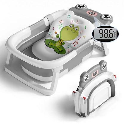Collapsible Baby Bathtub, Plastic Frog Baby Bath Tub with Soft Cushion & Thermometer（Grey）
