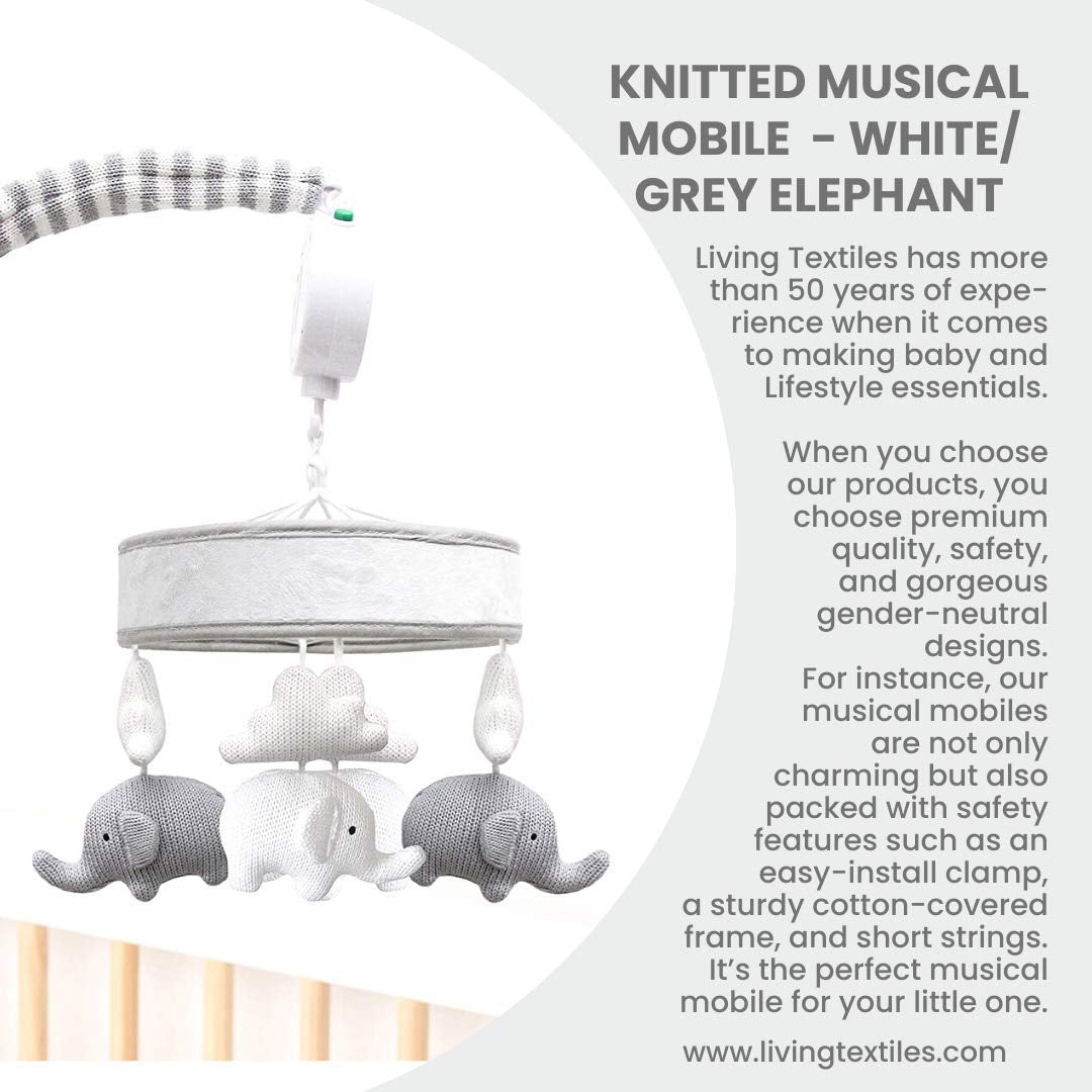Baby Musical Mobile - Grey Elephants | Crib Toy, Knitted Hanging Toys, Nursery Decor, Calming Soother with 12 Lullabies | Baby Essential and Perfect Baby Toy for Boys and Girls