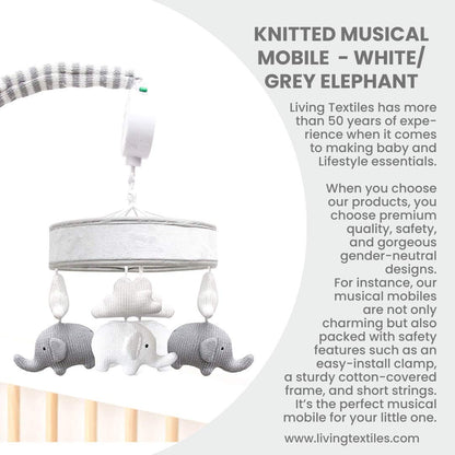 Baby Musical Mobile - Grey Elephants | Crib Toy, Knitted Hanging Toys, Nursery Decor, Calming Soother with 12 Lullabies | Baby Essential and Perfect Baby Toy for Boys and Girls