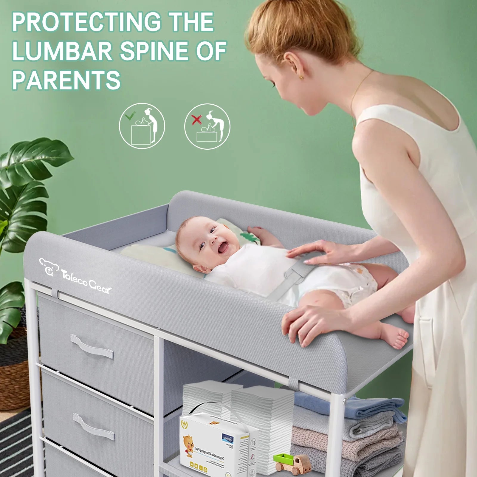 Baby Changing Table, Portable Diaper Changing Station with Wheels, Nursery Organizer for Newborn and Infant, Light Gray