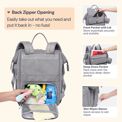 Baby Diaper Bag Backpack – Large Capacity Waterproof Nappy Organizer with Insulated Pockets, Polyester, Light Gray