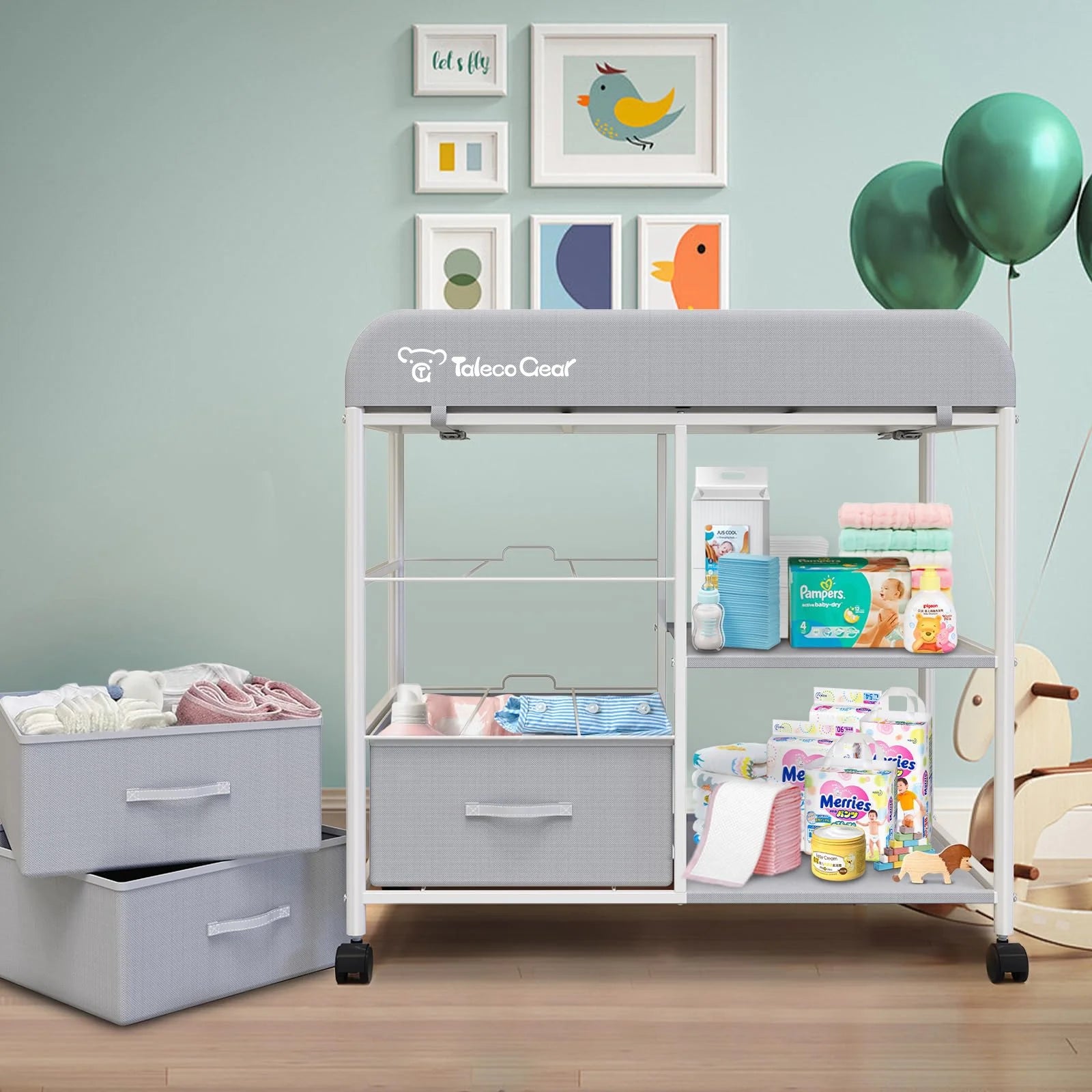 Baby Changing Table, Portable Diaper Changing Station with Wheels, Nursery Organizer for Newborn and Infant, Light Gray