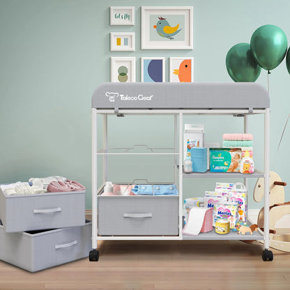 Baby Changing Table, Portable Diaper Changing Station with Wheels, Nursery Organizer for Newborn and Infant, Light Gray