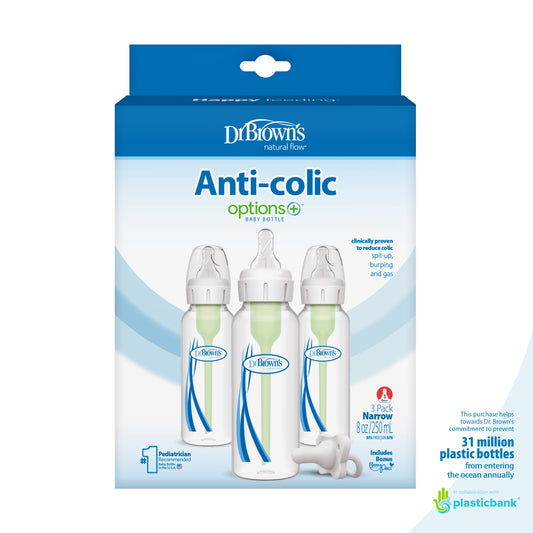 Natural Flow Anti-Colic Options+ Narrow Baby Bottle, 8Oz, 3 Pack + Happypaci