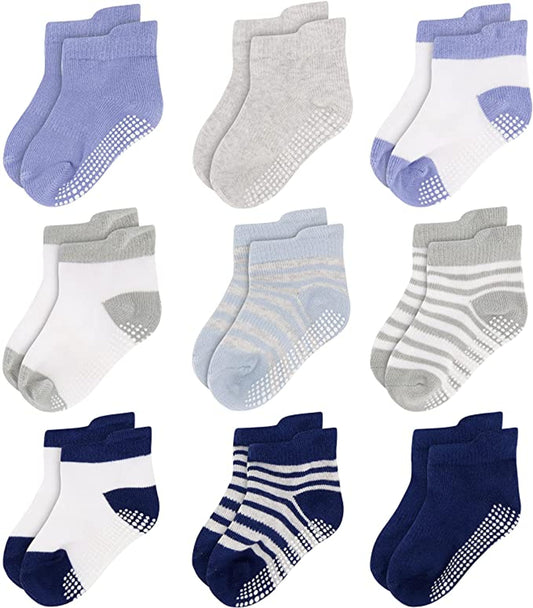 Unisex Toddler Socks, Baby Boy Socks, 9 Pack - Non Slip Low-Cut Grip Socks for Infants & Toddlers, Multi-Color