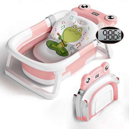 Collapsible Baby Bathtub, Plastic Frog Baby Bath Tub with Soft Cushion & Thermometer（Pink）