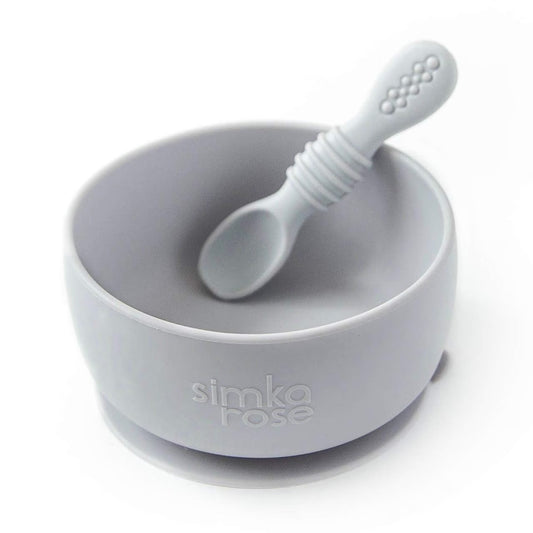 Silicone Baby Bowl with Spoon Set for Baby and Toddler - Baby Led Weaning Supplies - BPA Free - Microwave Dishwasher and Freezer Safe (Grey)