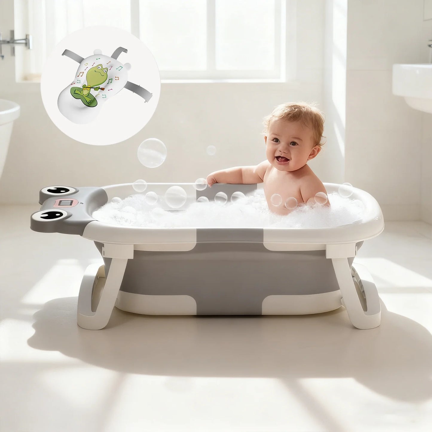 Collapsible Baby Bathtub, Plastic Frog Baby Bath Tub with Soft Cushion & Thermometer（Grey）