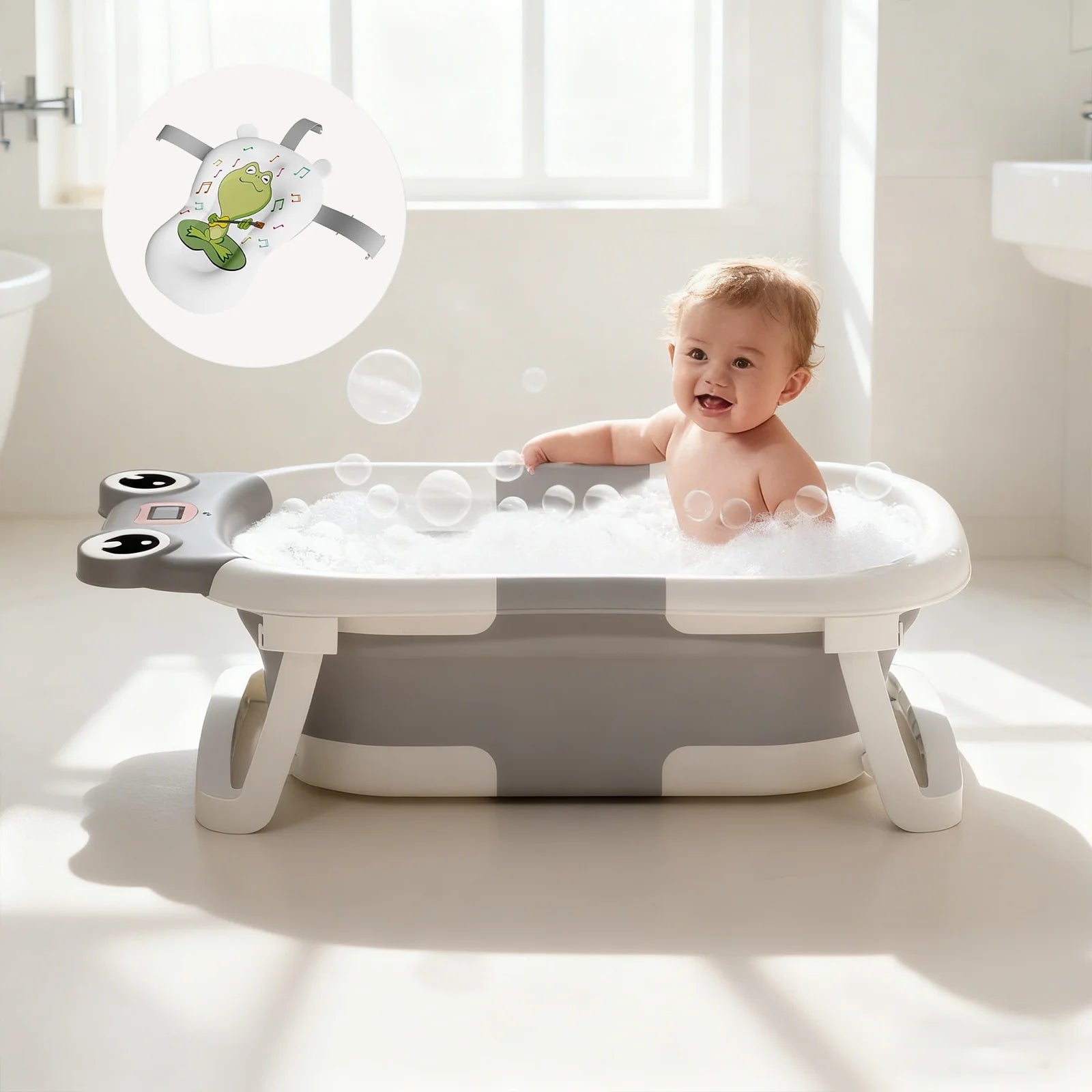 Collapsible Baby Bathtub, Plastic Frog Baby Bath Tub with Soft Cushion & Thermometer（Grey）