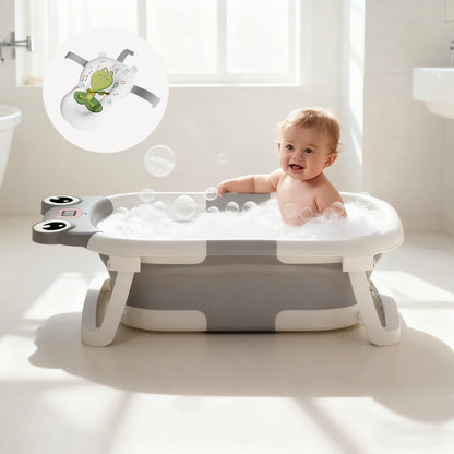 Collapsible Baby Bathtub, Plastic Frog Baby Bath Tub with Soft Cushion & Thermometer（Grey）