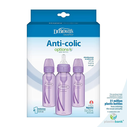 Natural Flow Anti-Colic Options+ Narrow Baby Bottle, Purple, 8Oz, Slow Flow, 0M+, 3 Pack