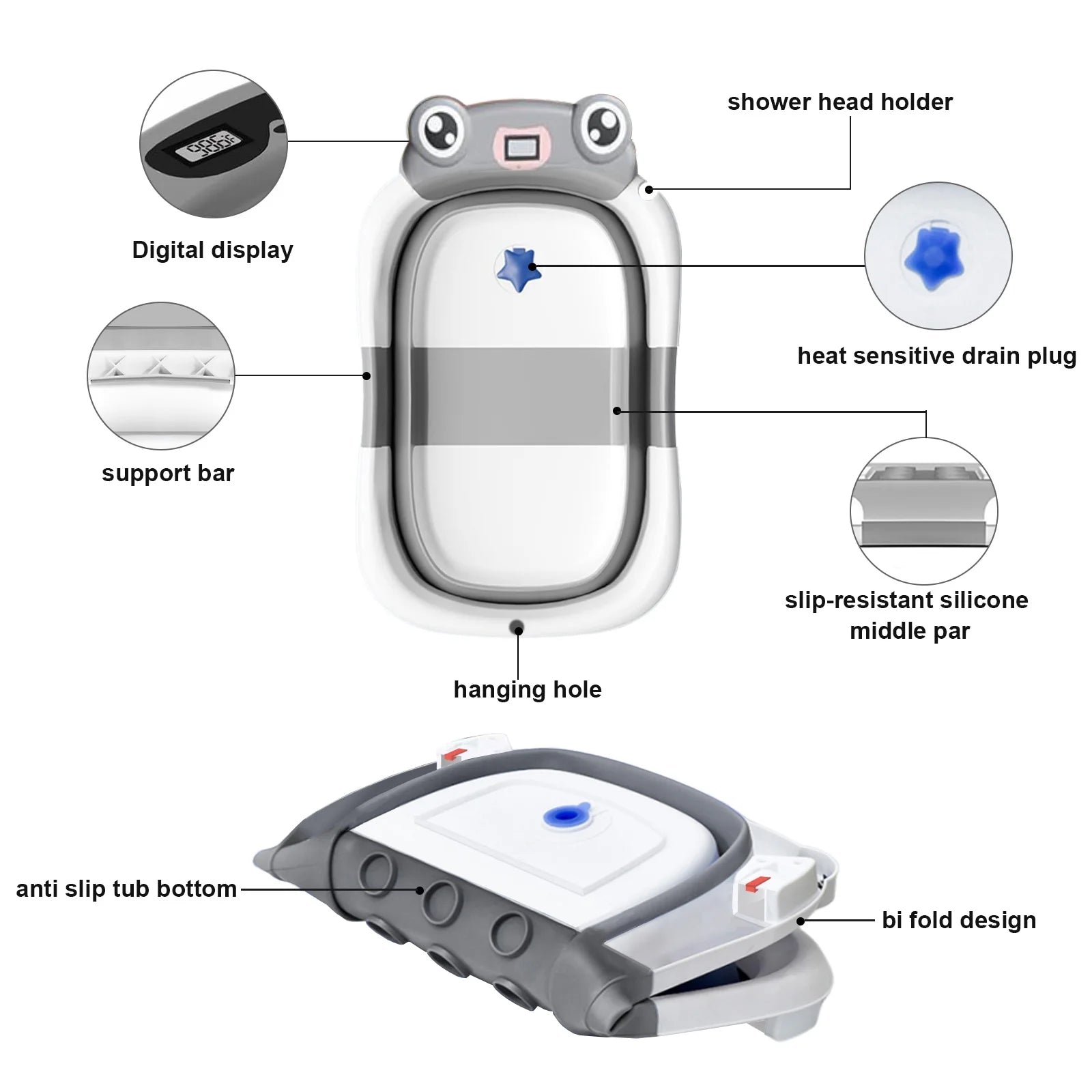 Collapsible Baby Bathtub, Plastic Frog Baby Bath Tub with Soft Cushion & Thermometer（Grey）